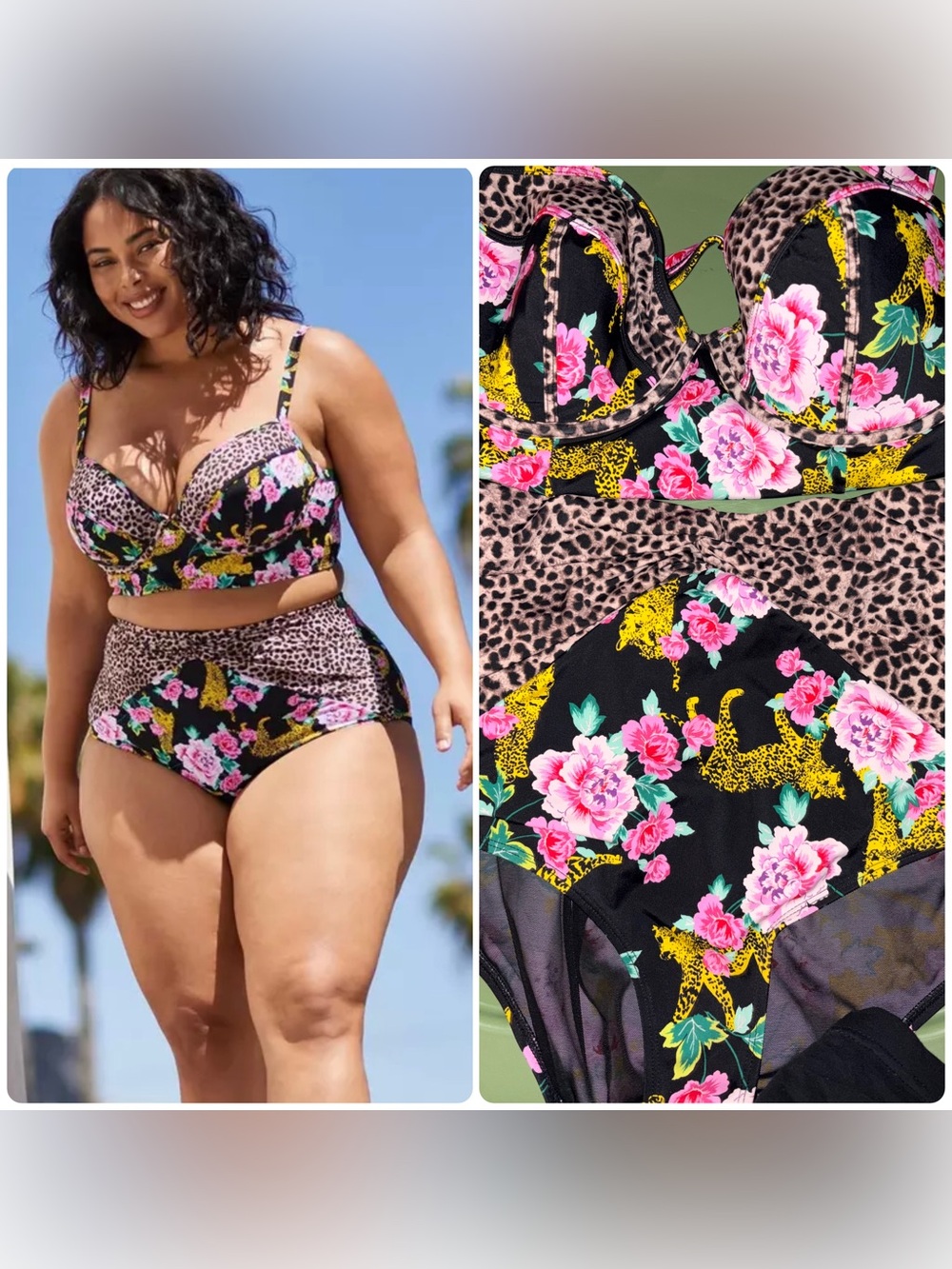 torrid Black Floral & Leopard Print Underwire Swim Top and High-Waist Bottoms